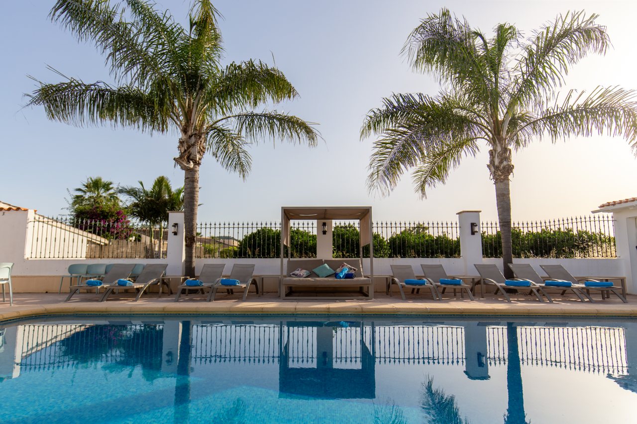 Palms mirrored in the still water of the saltwater pool